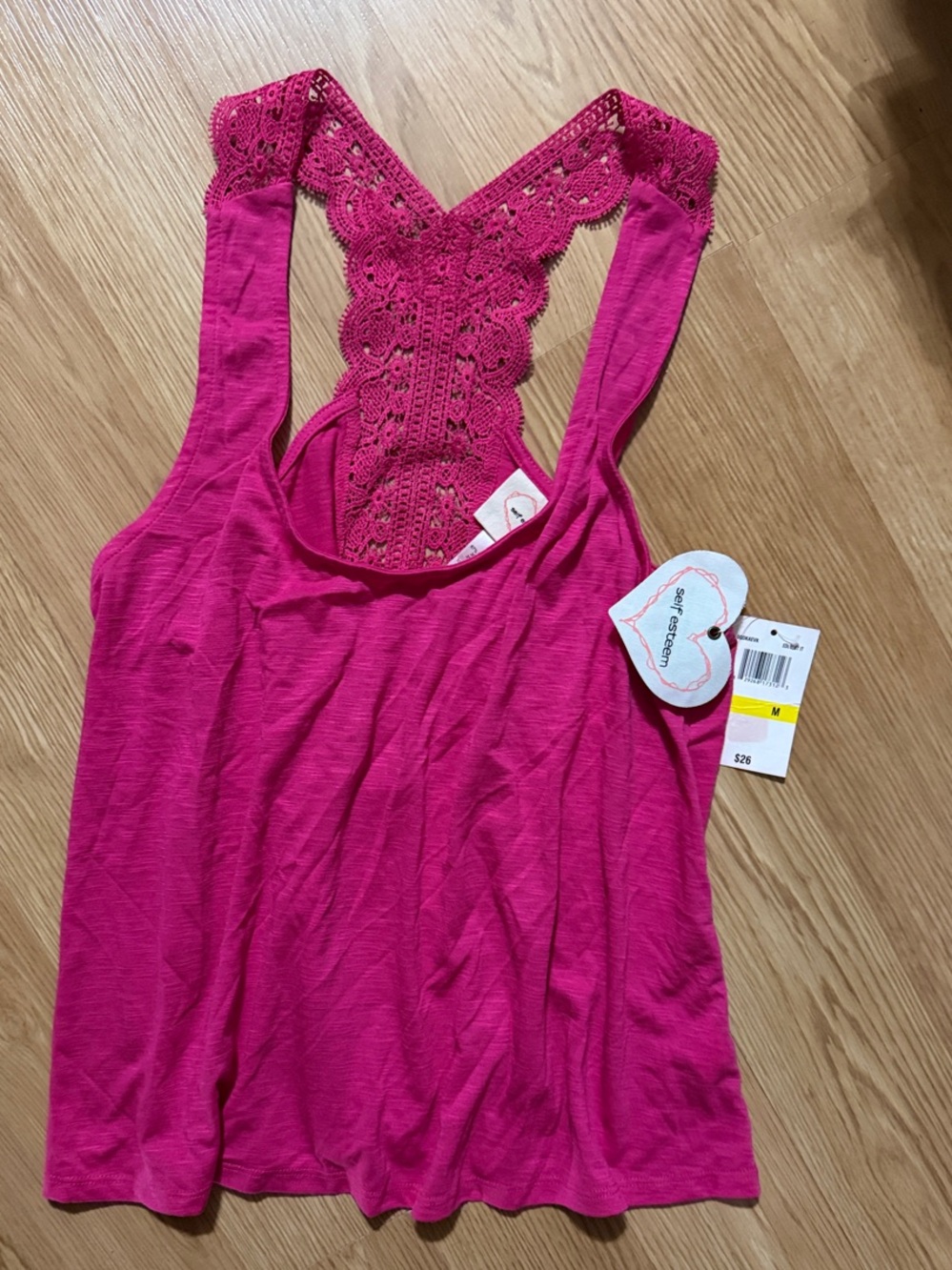 NWT Self Esteem Crochet Lace Racerback Tank in Fuchsia Pink